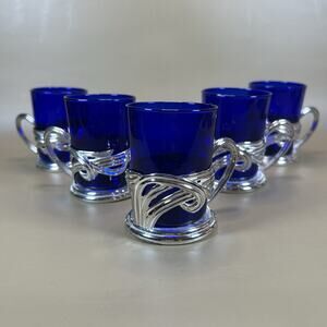 Vintage Set of 5 Cobalt Blue Tea or Coffee Glass Cups with Silver Plated Holders
